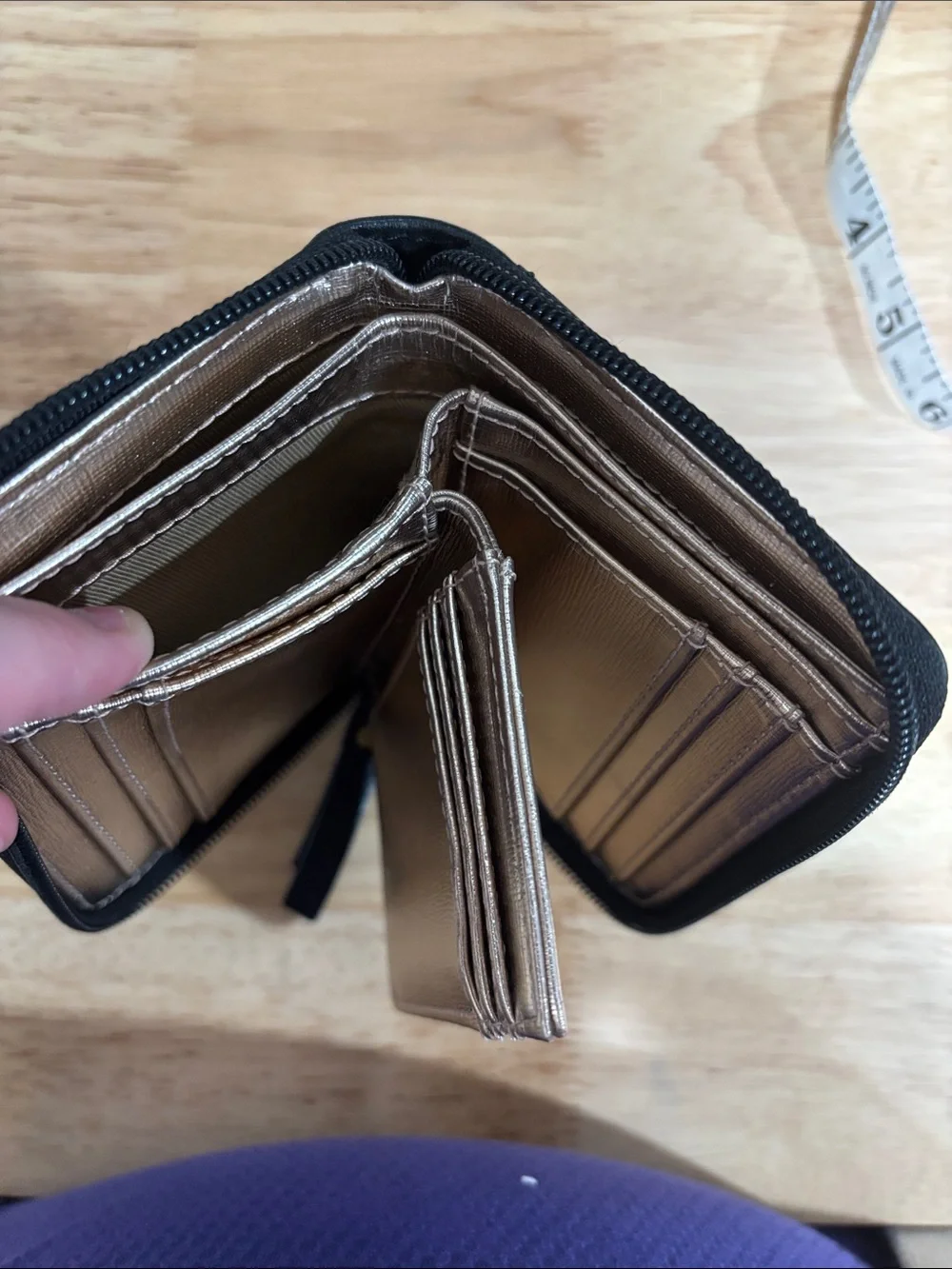 Fossil Black Leather Zip Card Wallet with Gold Accents